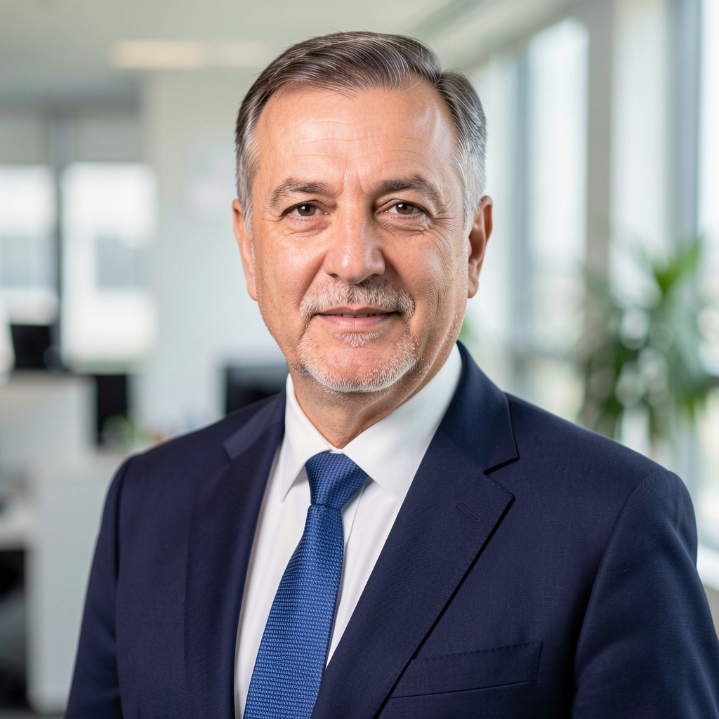 Orta yaşlı profesyonel Türk erkek finansal analist, takım elbiseli, ofis arka planı