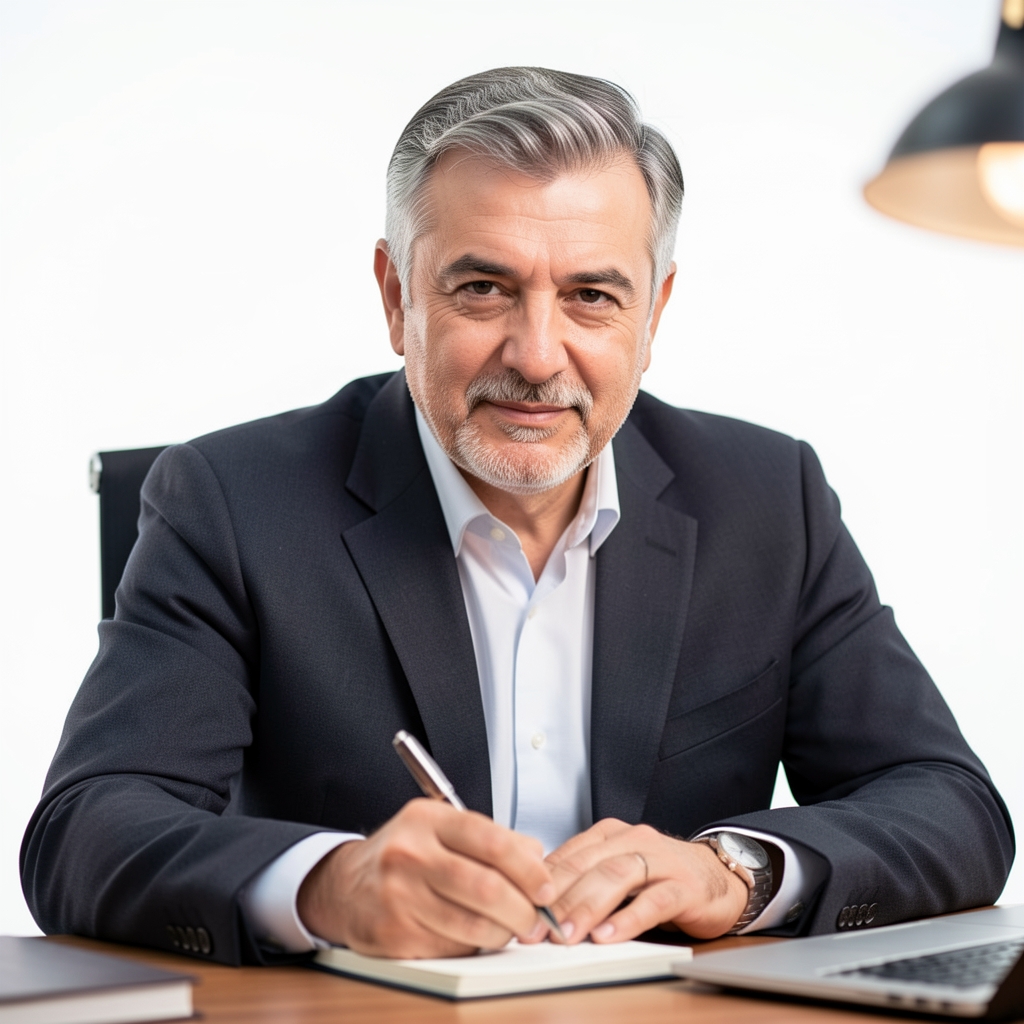 Otuzlu yaşlarda profesyonel Türk erkek içerik yazarı, masa başında not alıyor, beyaz arka plan
